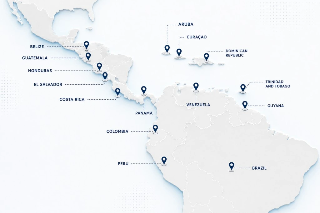 Map of Grupo Bennu's retail and wholesale presence across Central America, the Caribbean, and South America